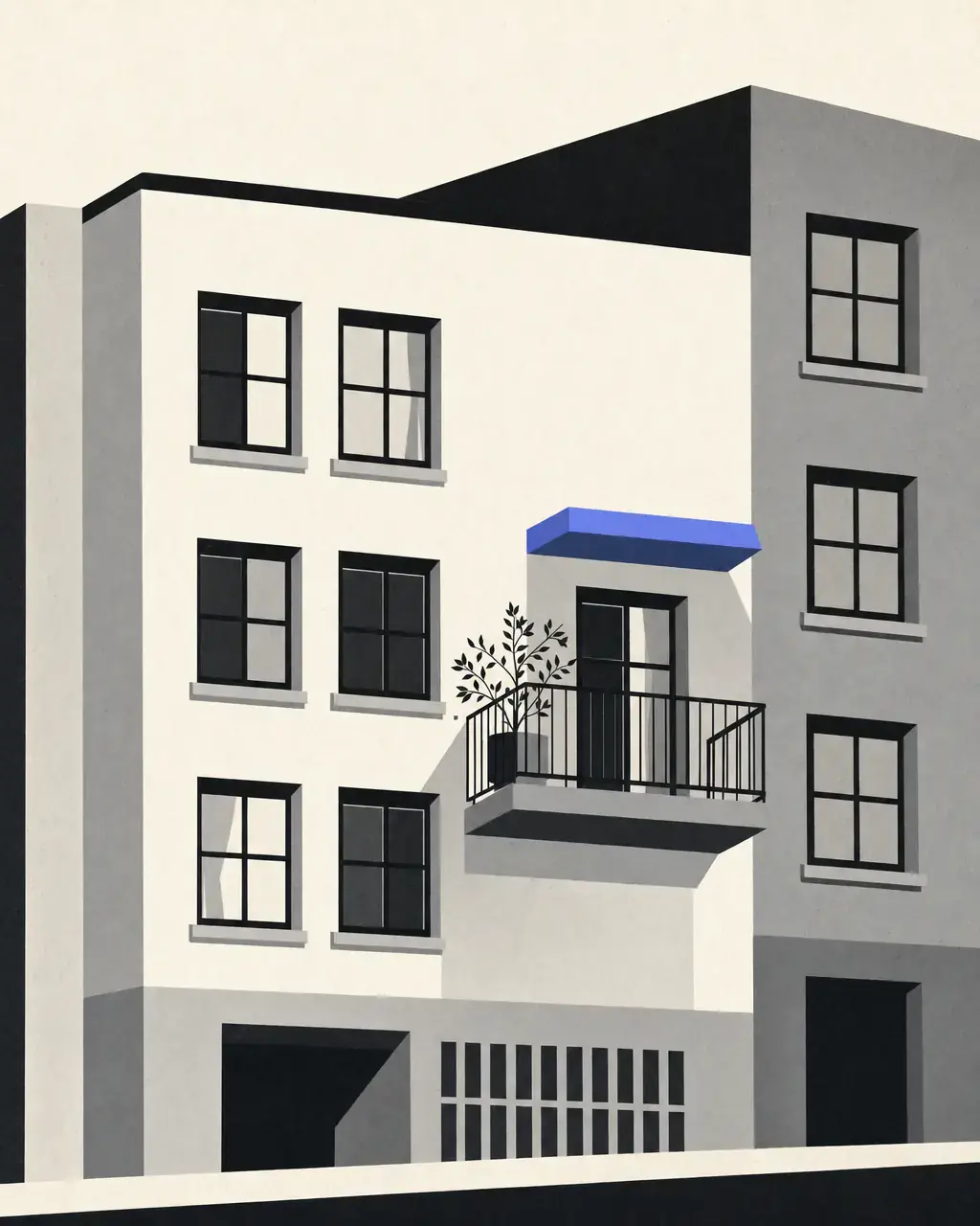 Abstrakte Grafik: Fenster mit zwei Scheiben und einer Pflanze davor
