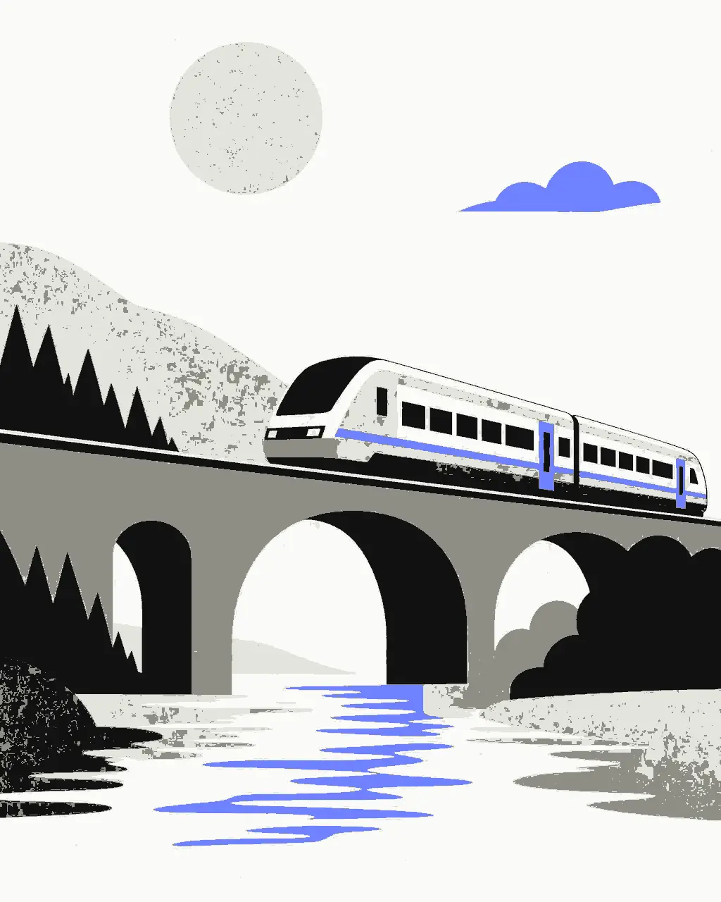 Abstrakte Grafik: Zug mit Fensterband und Rädern auf Gleisen